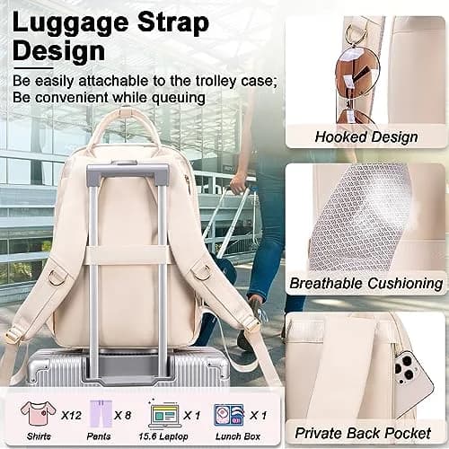 Weitars Insulated Lunch Backpack for Women with 15.6 Inch Laptop Compartment & Trolley Sleeve | Beige, 20L (12"W x 9"D x 17"H) thumbnail 8