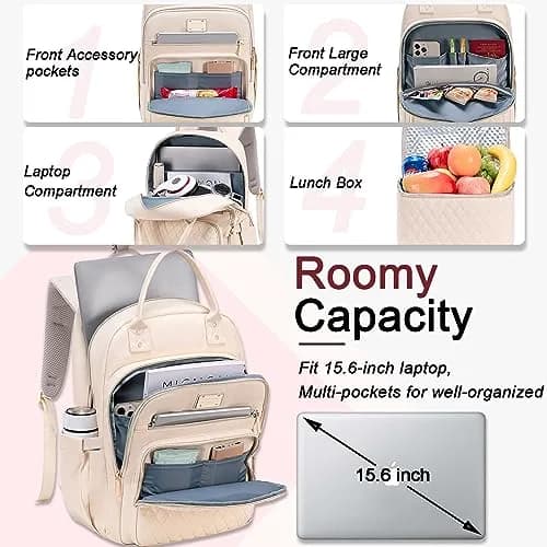 Weitars Insulated Lunch Backpack for Women with 15.6 Inch Laptop Compartment & Trolley Sleeve | Beige, 20L (12"W x 9"D x 17"H) thumbnail 2