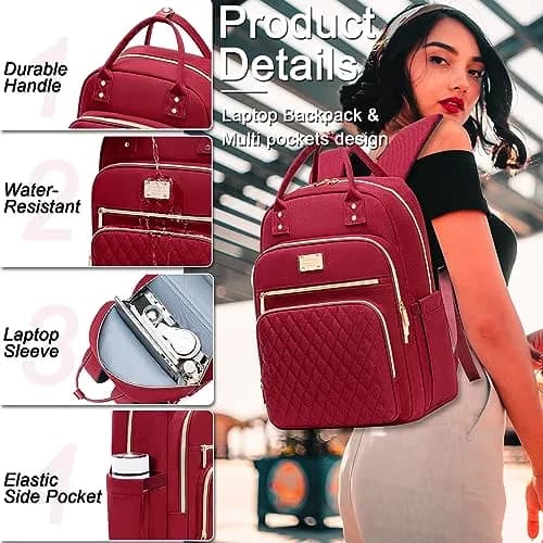 Weitars Laptop Backpack Cooler with Insulated Lunch Bag, 15.6 Inch Laptop Compartment, Wine Red | Water-Resistant Polyester Travel Backpack thumbnail 6
