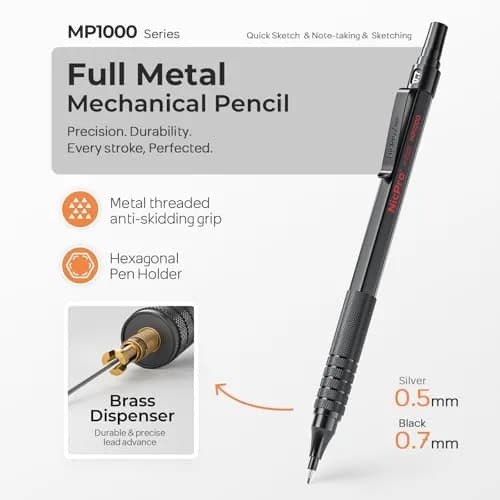 Nicpro Metal Mechanical Pencil Set 0.5 mm & 0.7 mm | Durable, Refillable, Stylish for Artists & Students thumbnail 2