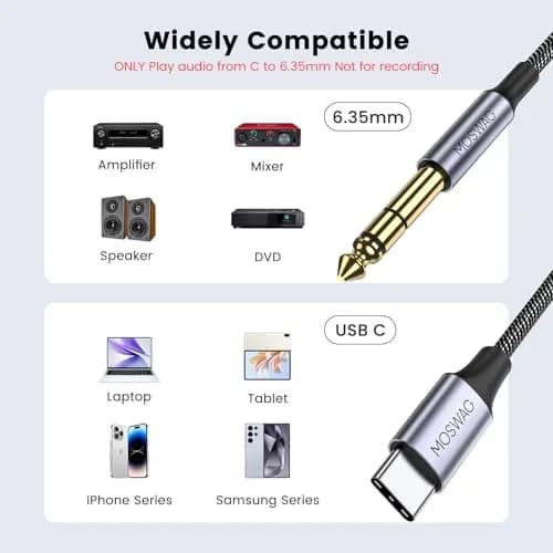 MOSWAG USB C to 6.35mm 1/4 Inch Audio Stereo Cable 5M (16.4ft) | Hi-Fi Sound Quality with Gold-Plated Connectors thumbnail 2