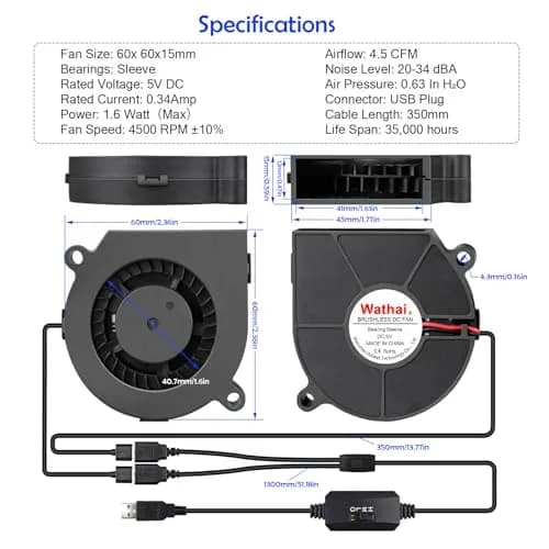 Wathai 60mm USB Blower Fan 2-Pack | 5V Variable Speed Controller for Electronics Cooling thumbnail 2