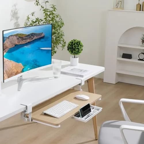 ETHU Under Desk Keyboard Tray with C-Clamp 26.77x11.81 Oak | Large, Ergonomic, Easy Install thumbnail 3