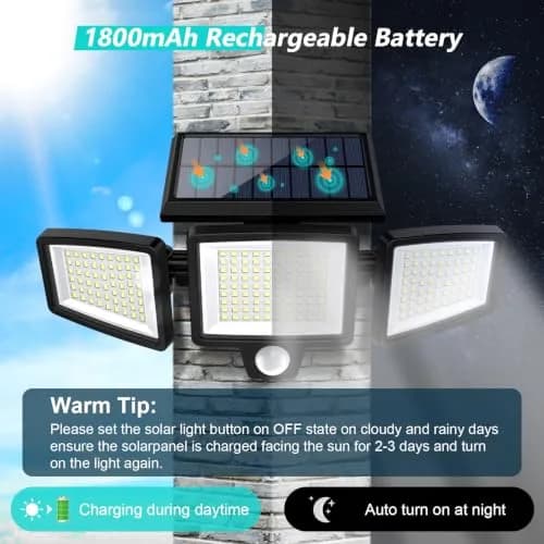 Tuffenough Solar Outdoor Lights 2500LM 210 LED Security Lights with Remote, 3 Heads, IP65 Waterproof, 270° Wide Flood Wall Light thumbnail 4
