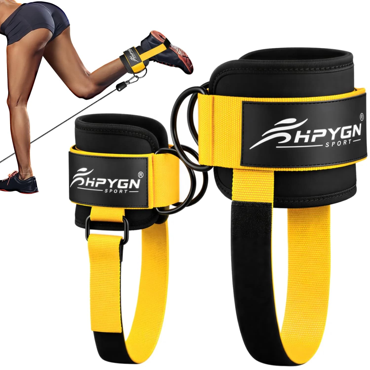 HPYGN Ankle Straps for Cable Machine, Yellow Pair | Secure Kickback & Glute Workout Attachment