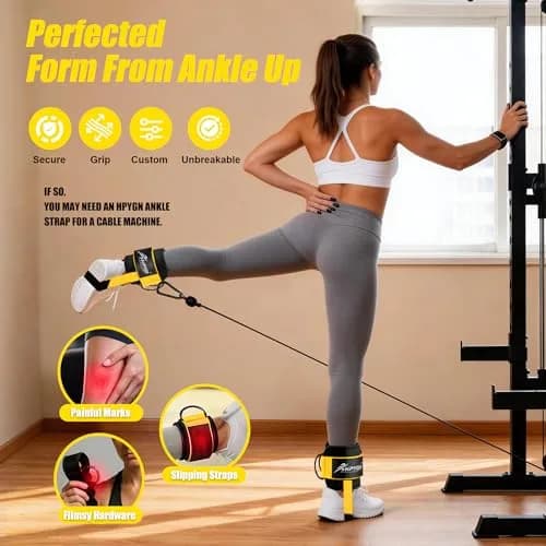 HPYGN Ankle Straps for Cable Machine, Yellow Pair | Secure Kickback & Glute Workout Attachment thumbnail 3