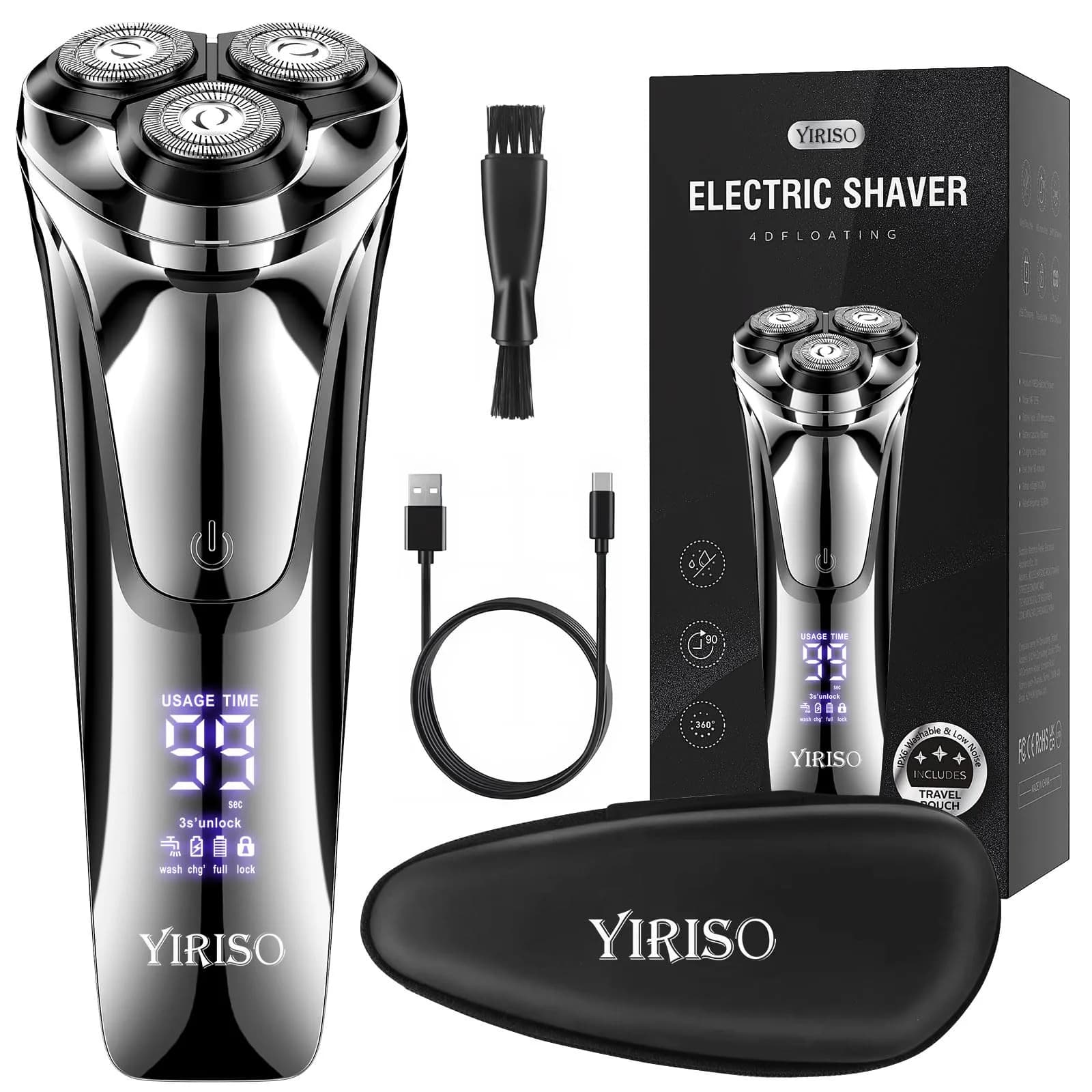 YIRISO 9000 RPM Rotary Shaver for Men, Silver, 200g (7.05 oz) | Smooth Shave with 4D Floating Head