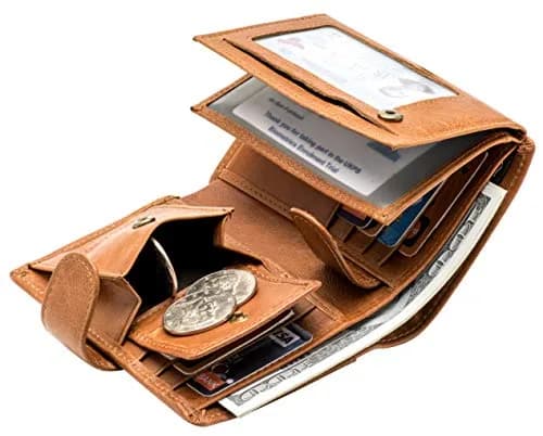 POKOFO Large RFID Genuine Leather Card Holder Trifold Wallet with Snap Closure & 3 ID Windows for Men (Brown) | 12.7cm x 10.16cm x 2.29cm thumbnail 4