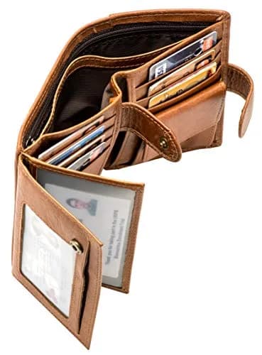 POKOFO Large RFID Genuine Leather Card Holder Trifold Wallet with Snap Closure & 3 ID Windows for Men (Brown) | 12.7cm x 10.16cm x 2.29cm thumbnail 5