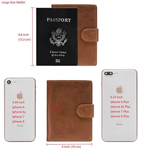 POKOFO Large RFID Genuine Leather Card Holder Trifold Wallet with Snap Closure & 3 ID Windows for Men (Brown) | 12.7cm x 10.16cm x 2.29cm thumbnail 2