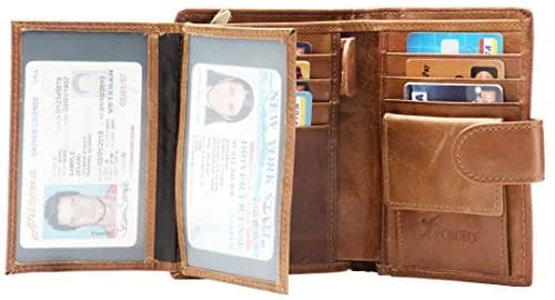 POKOFO Large RFID Genuine Leather Card Holder Trifold Wallet with Snap Closure & 3 ID Windows for Men (Brown) | 12.7cm x 10.16cm x 2.29cm thumbnail 3