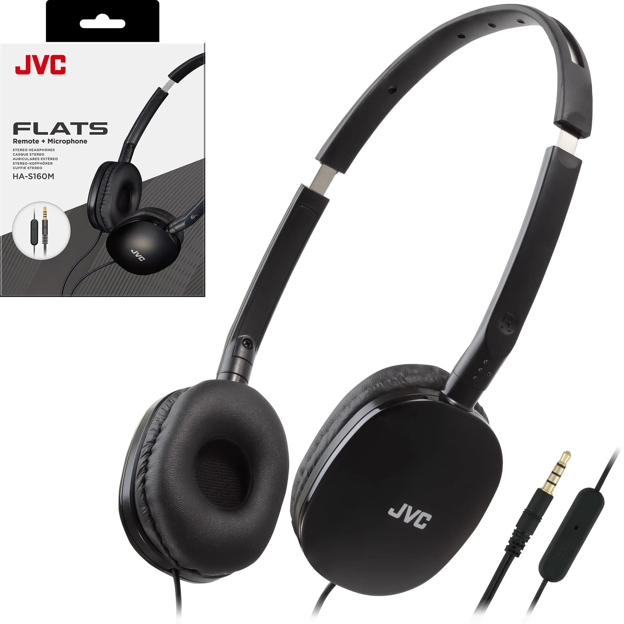 JVC Flats On-Ear Wired Headphones with Mic & Remote, 30mm Driver, Foldable Design, 1.2m (3.94ft) Cable | Powerful Sound for Calls & Music — Black