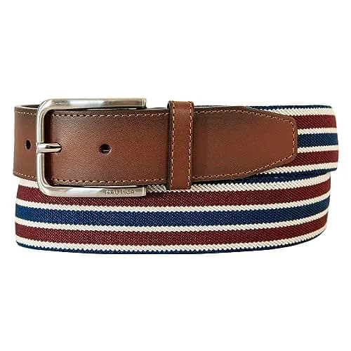 Nautica Mens Stripe Stretch Webbing Belt | Elastic | Leather Tab | Adjustable | Classic | Everyday | Business | Work | Casual | Metal Buckle - Navy/Red, Large thumbnail 1