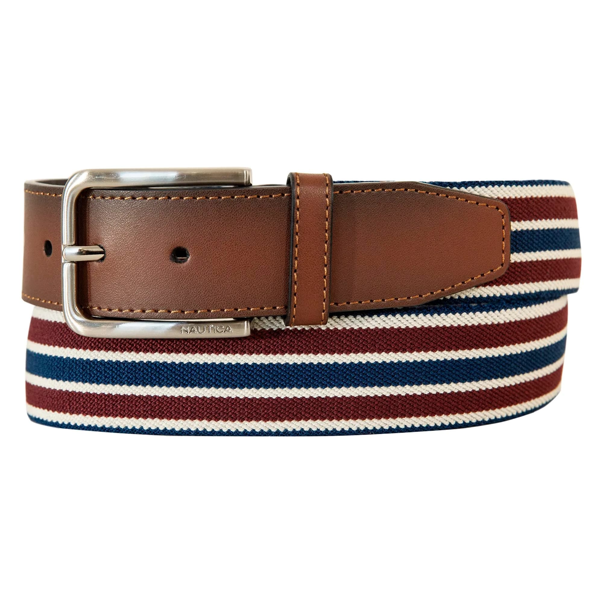 Nautica Mens Stripe Stretch Webbing Belt | Elastic | Leather Tab | Adjustable | Classic | Everyday | Business | Work | Casual | Metal Buckle - Navy/Red, Large - main product image