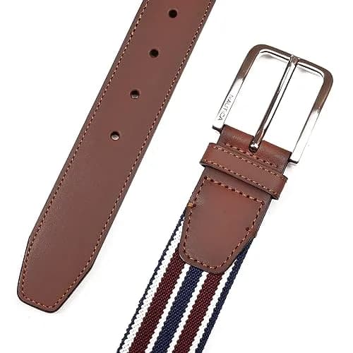 Nautica Mens Stripe Stretch Webbing Belt | Elastic | Leather Tab | Adjustable | Classic | Everyday | Business | Work | Casual | Metal Buckle - Navy/Red, Large thumbnail 4