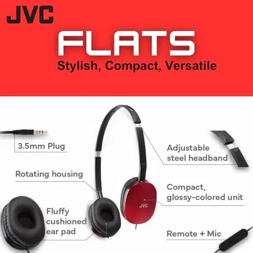 JVC Flats On-Ear Wired Headphones with Mic & Remote, 30mm Driver, Foldable Design, 1.2m (3.94ft) Gold-Plated Cable | Red thumbnail 2