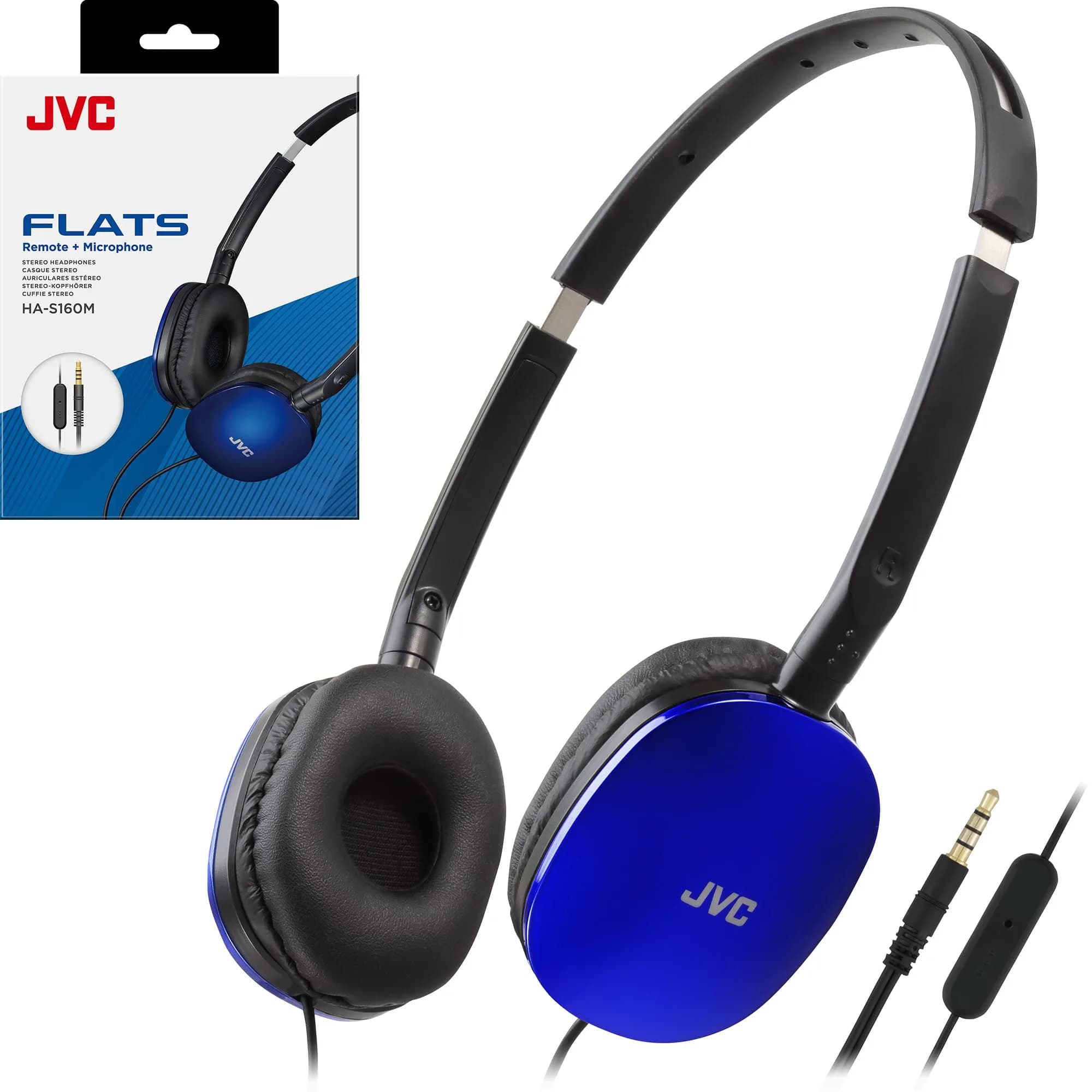JVC HAS160MA Blue Flat Foldable On-Ear Headphones with Mic & Remote | 30mm Dynamic Drivers, 1.2m (3.94ft) Cable