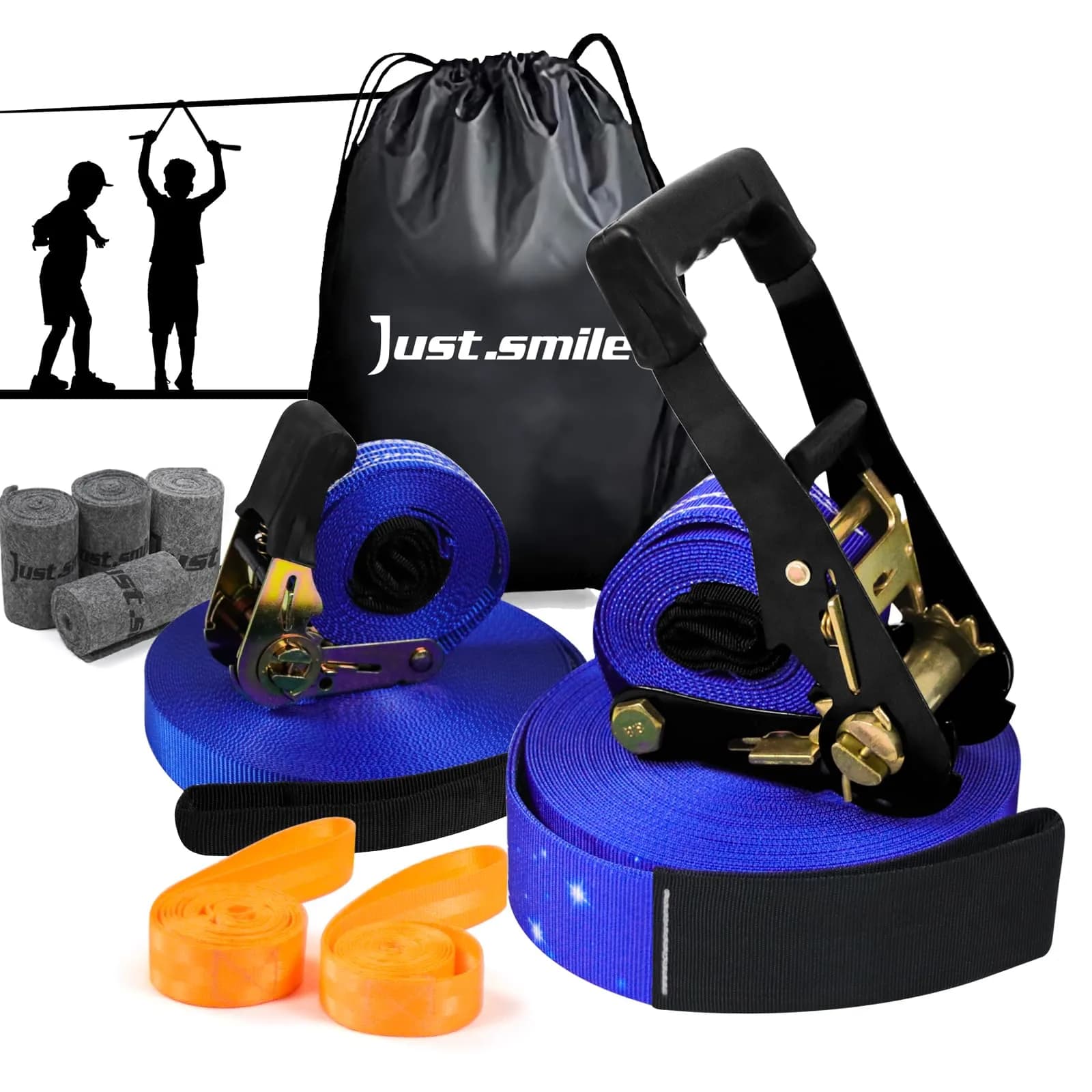 Just.smile Slackline Kit Longer 65ft with Tree Protectors & Carry Bag | Balance & Fun for Kids & Adults — Blue