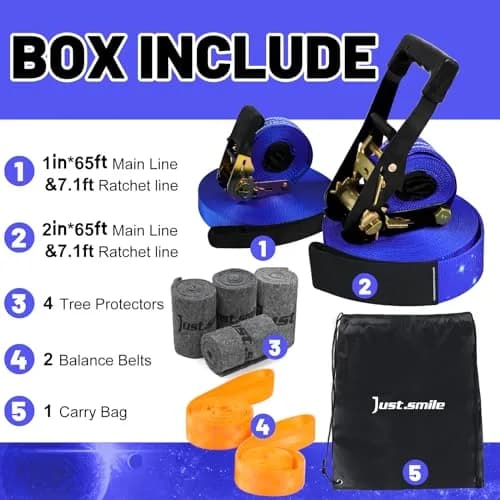 Just.smile 60ft Slackline Kit with Tree Protectors, Training Straps & Carry Bag | 2-inch Main Line, 440lb Capacity thumbnail 2