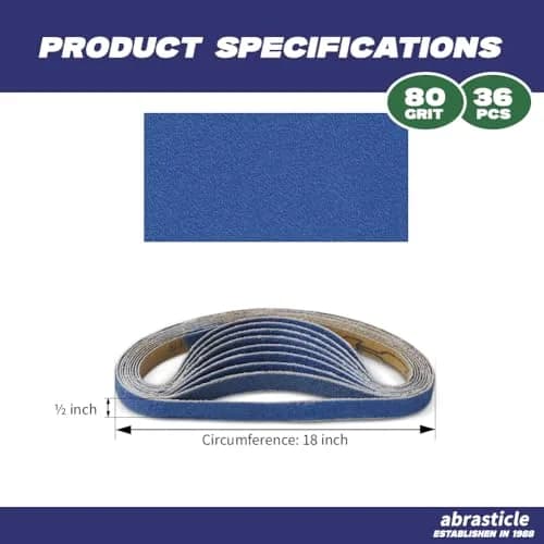 abrasticle Zirconia Sanding Belts for Metal 1/2" x 18" | 36 PCS, 80 Grit, Durable & Precise thumbnail 2