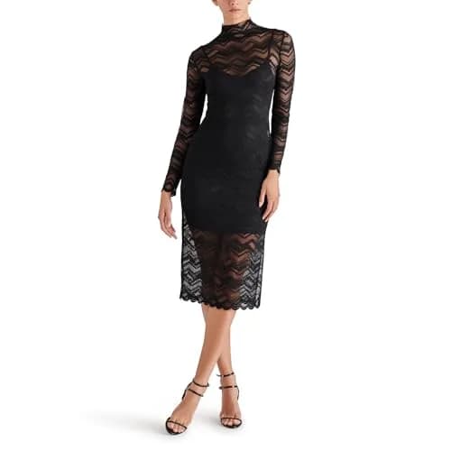 Steve Madden Vivienne Dress Black Small | Sheer Mesh Midi with Attached Slip thumbnail 1