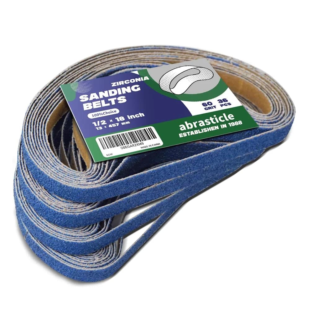 abrasticle Zirconia Sanding Belts for Metal & Wood | Assorted Grits, 4" x 36" (100-120 words) — 1/2" x 18" 60 Grit