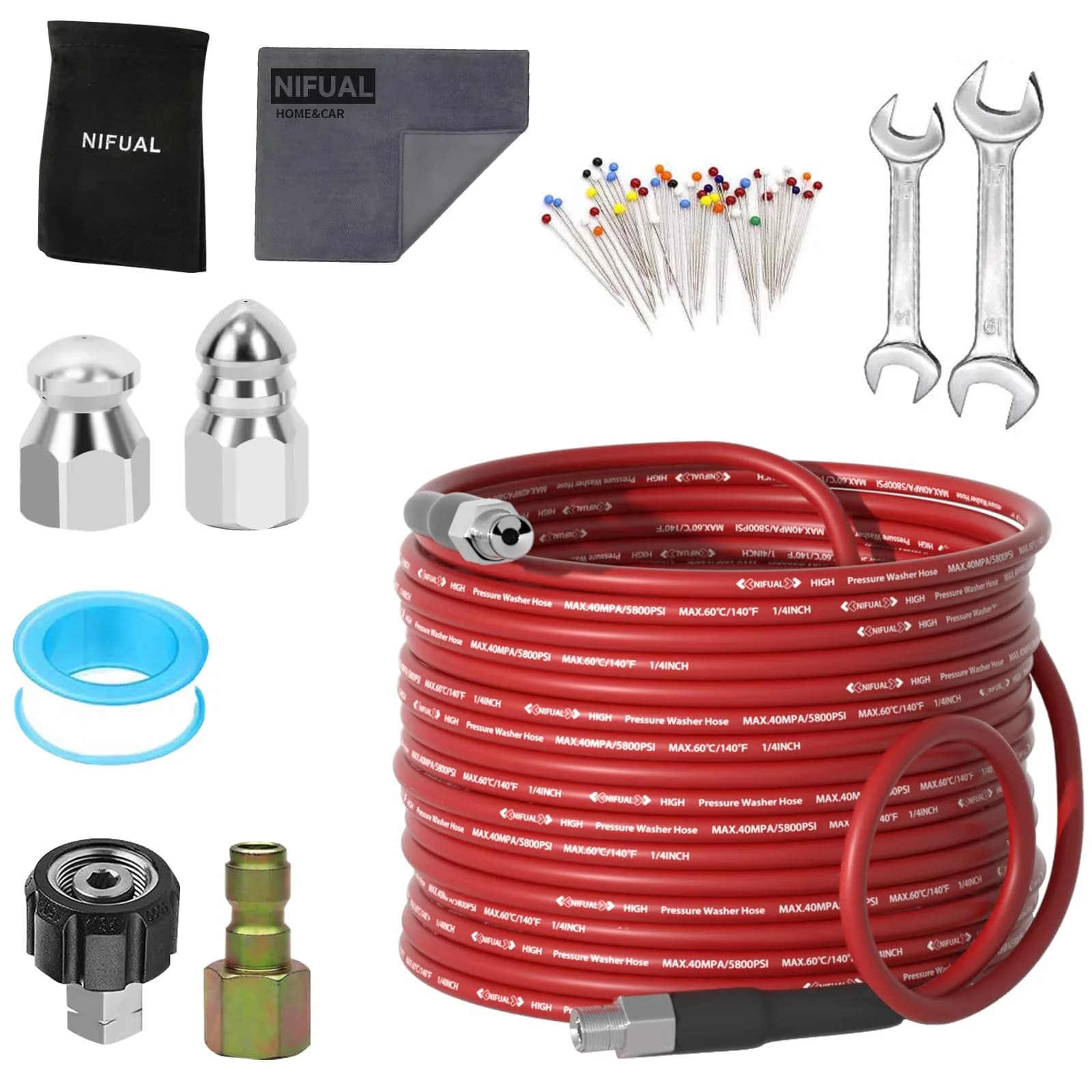 YETIANICAL Sewer Jetter Kit for Pressure Washer, 100ft (30.48m) Hose, 5800 PSI, Rotating & Button Nozzles | Unclogs Drains & Gutters — 25FT