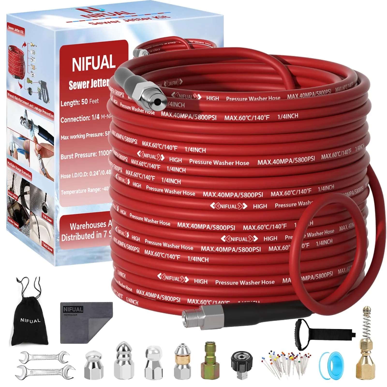 YETIANICAL Sewer Jetter Kit for Pressure Washer, 100ft (30.48m) Hose, 5800 PSI, Rotating & Button Nozzles | Unclogs Drains & Gutters — 100FT