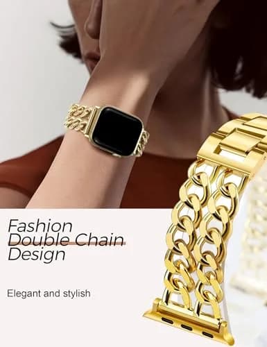 JR.DM Gold Metal Watch Band for Apple Watch 42mm-49mm | Adjustable Double Chain Bracelet thumbnail 3