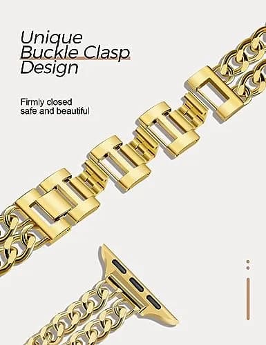 JR.DM Gold Metal Watch Band for Apple Watch 42mm-49mm | Adjustable Double Chain Bracelet thumbnail 4