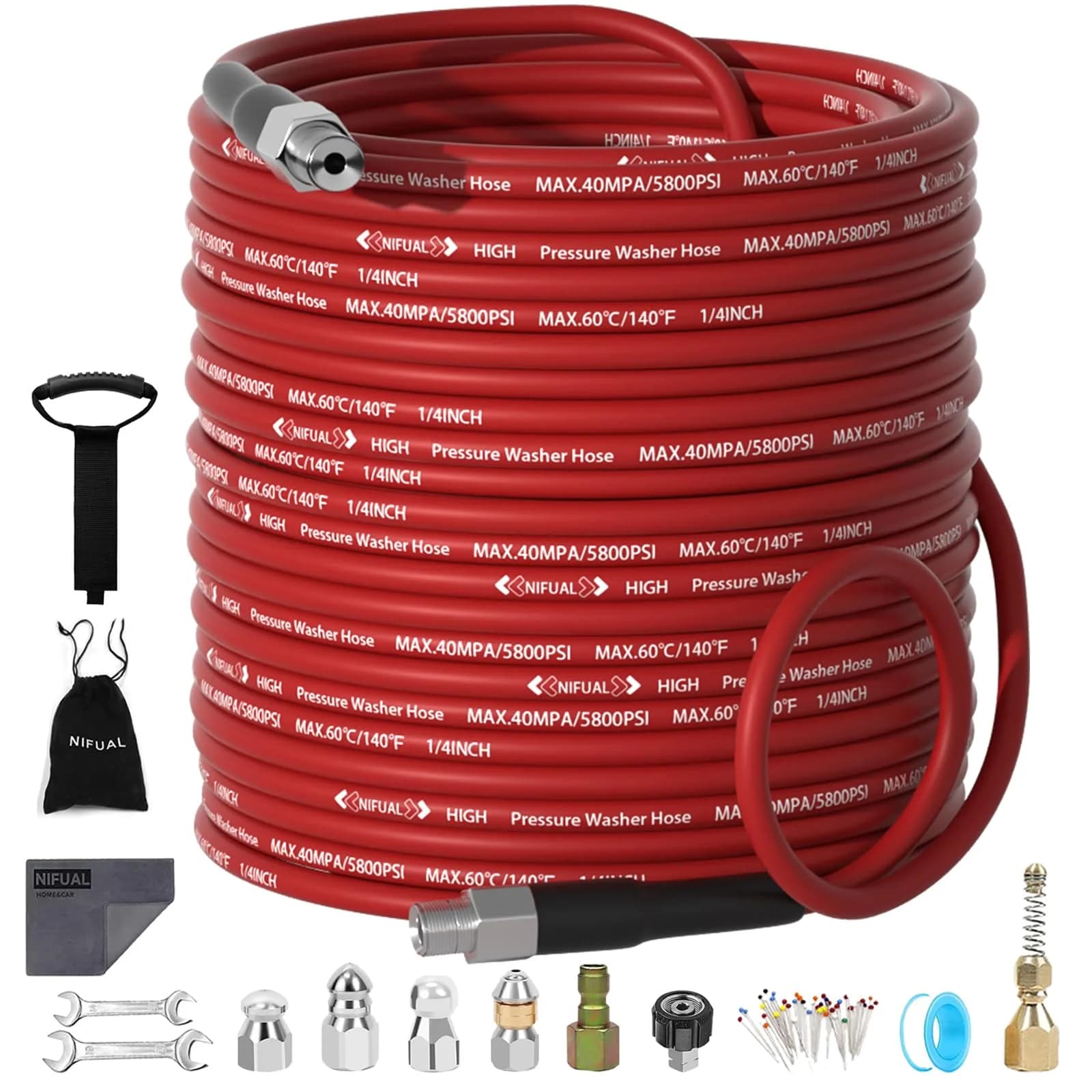 YETIANICAL Sewer Jetter Kit for Pressure Washer, 100ft (30.48m) Hose, 5800 PSI, Rotating & Button Nozzles | Unclogs Drains & Gutters — 150FT