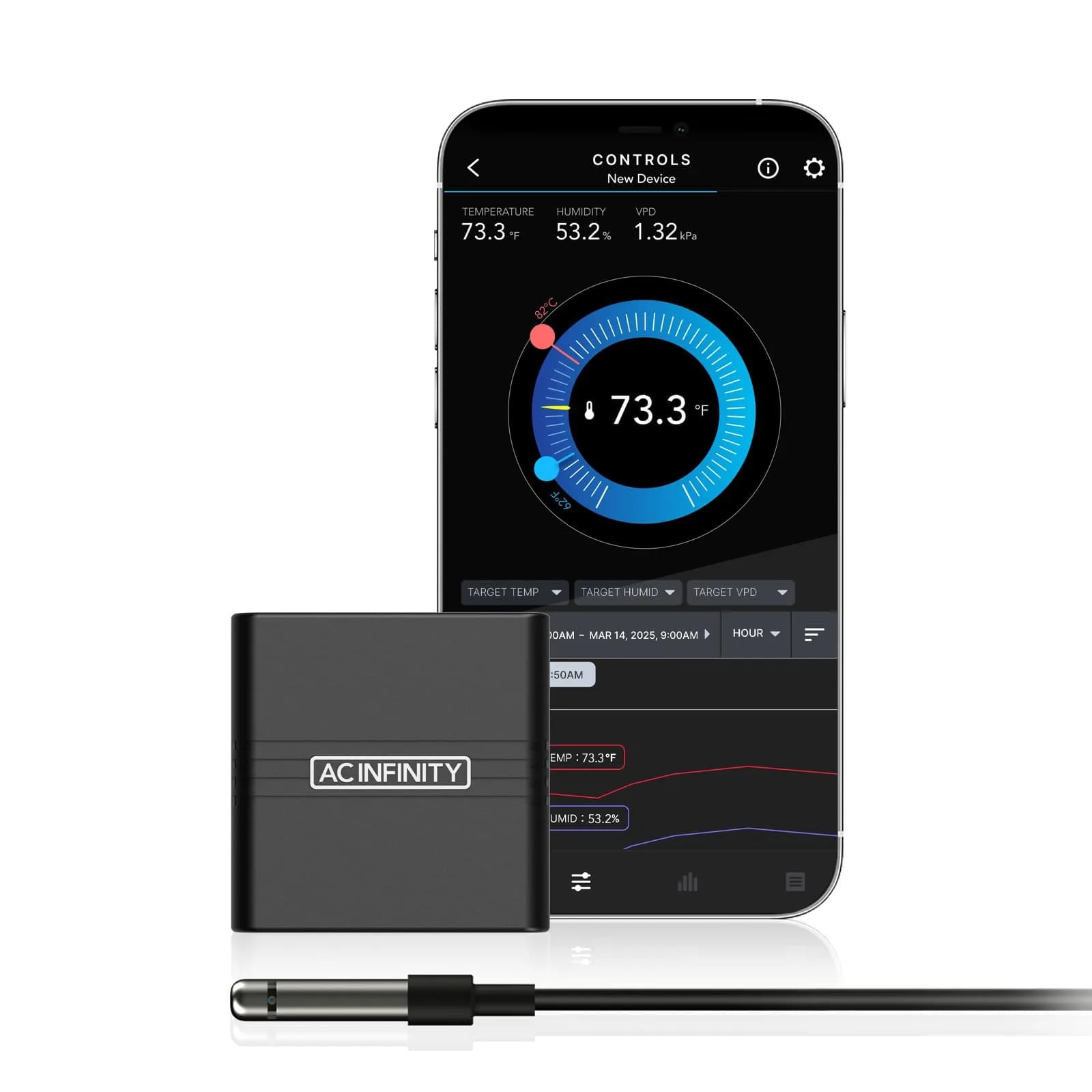 AC Infinity Smart Hygrometer B2 with Bluetooth App | Temperature, Humidity & VPD Monitor (Black) — Ranged Sensor, Compact