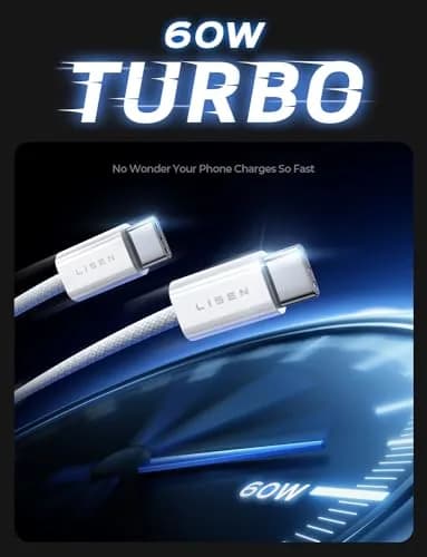 LISEN USB C Cable 5-Pack 3.3/6.6/10FT | Fast 60W Charging & Recyclable Cotton Braiding thumbnail 3