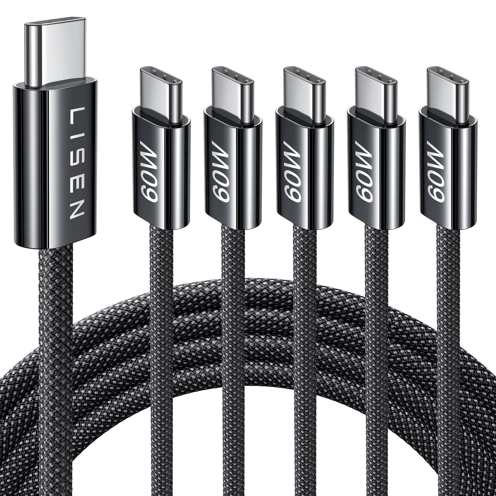 LISEN USB C Cable 5-Pack [6.6FT] | Fast 60W Charging & Recyclable Cotton Braided Cord