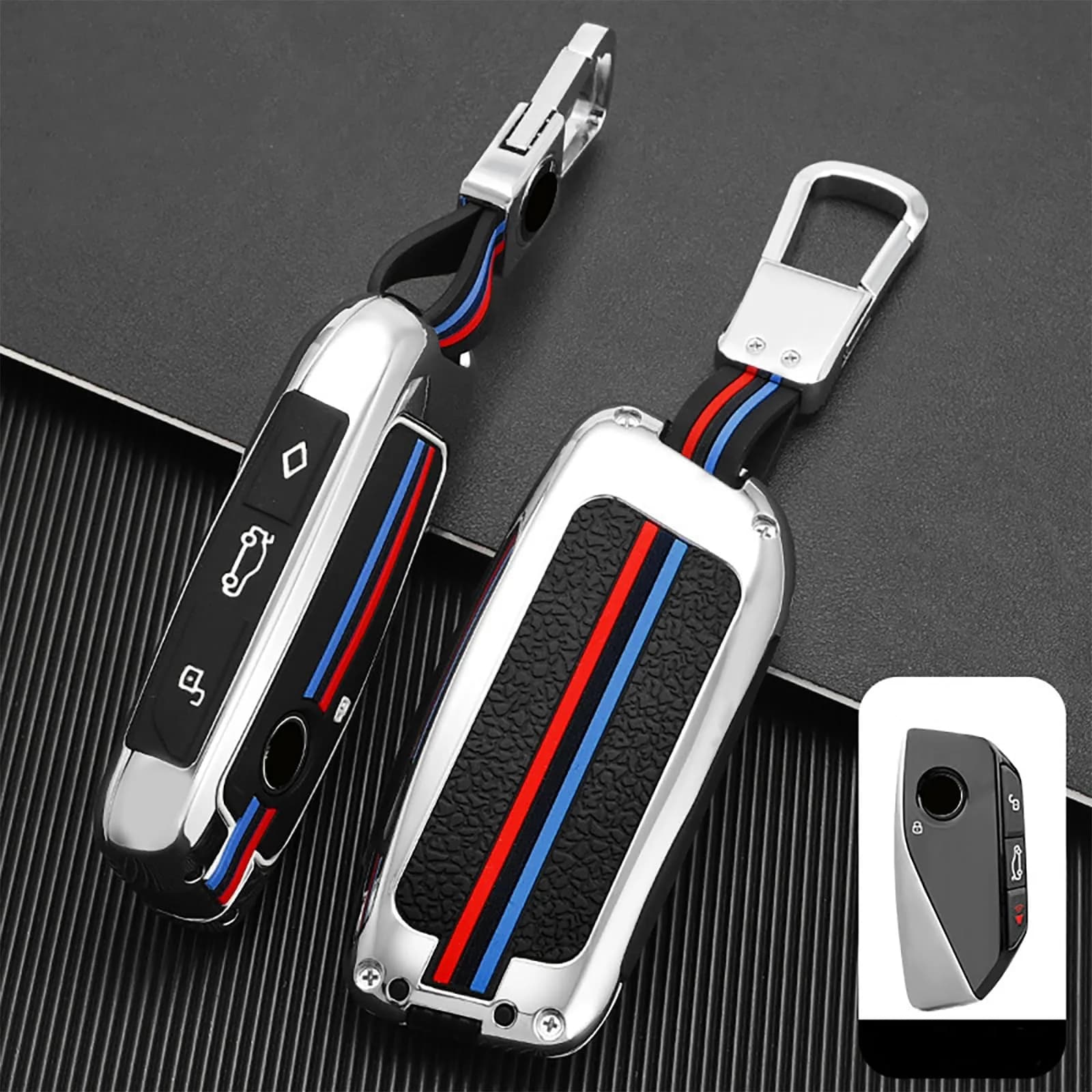 OLLEN Heavy Zinc Alloy Key Fob Cover for BMW 2023-2026 5/7 Series X1-X7 XM IX I5 etc. Gunmetal Blue Line (1 Pcs) — Fashion Silver