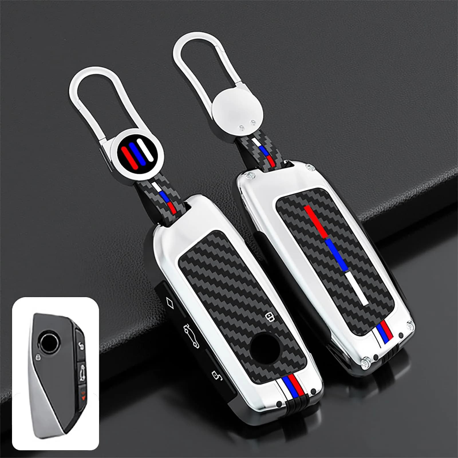 OLLEN Heavy Zinc Alloy Key Fob Cover for BMW 2023-2026 5/7 Series X1-X7 XM IX I5 etc. Gunmetal Blue Line (1 Pcs) — Bright Silver