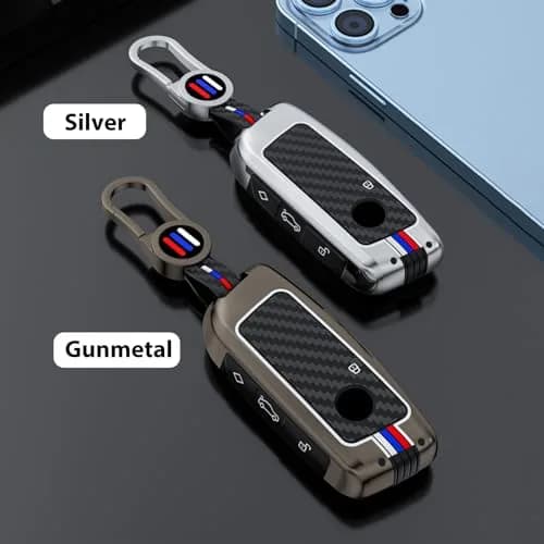 OLLEN Bright Silver Carbon Fiber Pattern Metal Key Fob Cover for BMW 2023-2026 Models, 15.0 cm (5.9 inches) thumbnail 3