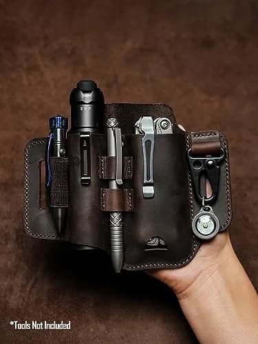 sayram ST2 Leather Multitool Sheath with Keychain Clip | Dark Brown EDC Belt Organizer for Leatherman Tools, Flashlight, Pen (7.3 x 5.35 inches) thumbnail 5
