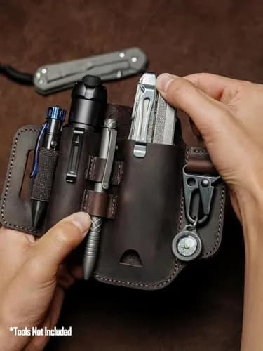 sayram ST2 Leather Multitool Sheath with Keychain Clip | Dark Brown EDC Belt Organizer for Leatherman Tools, Flashlight, Pen (7.3 x 5.35 inches) thumbnail 6