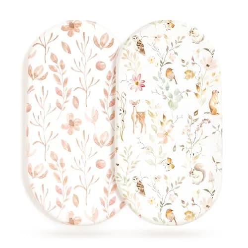 GRSSDER Stretchy Ultra Soft Fitted Bassinet Sheet Set 2 Pack, Universal Fit for Bassinets Baby Cradle Moses Basket Oval Rectangle Mattress Safe and Snug, 32" x 16" x 5" (2-Pack, Blush Pink Floral & Animals) thumbnail 1