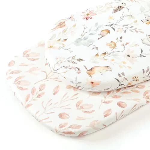 GRSSDER Stretchy Ultra Soft Fitted Bassinet Sheet Set 2 Pack, Universal Fit for Bassinets Baby Cradle Moses Basket Oval Rectangle Mattress Safe and Snug, 32" x 16" x 5" (2-Pack, Blush Pink Floral & Animals) thumbnail 2