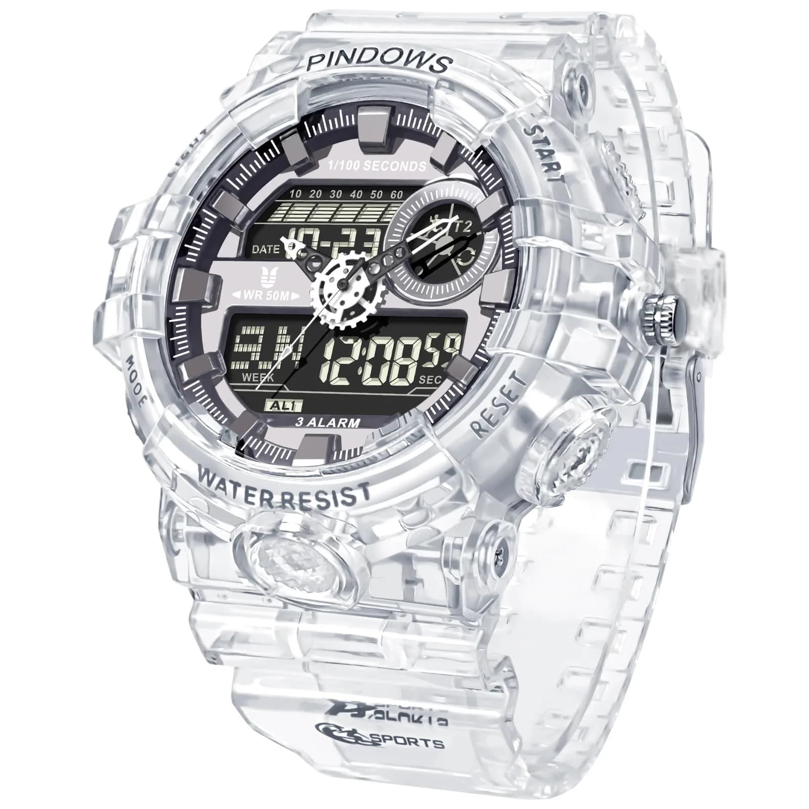 PINDOWS Men's Tactical Digital & Analog Waterproof Watch 50mm | LED Backlight, 2-Year Battery — White