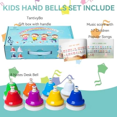 TantivyBo Rainbow Diatonic Hand Bells Set with Songbook | 8-Note Musical Educational Toy for Kids Aged 3+ thumbnail 2