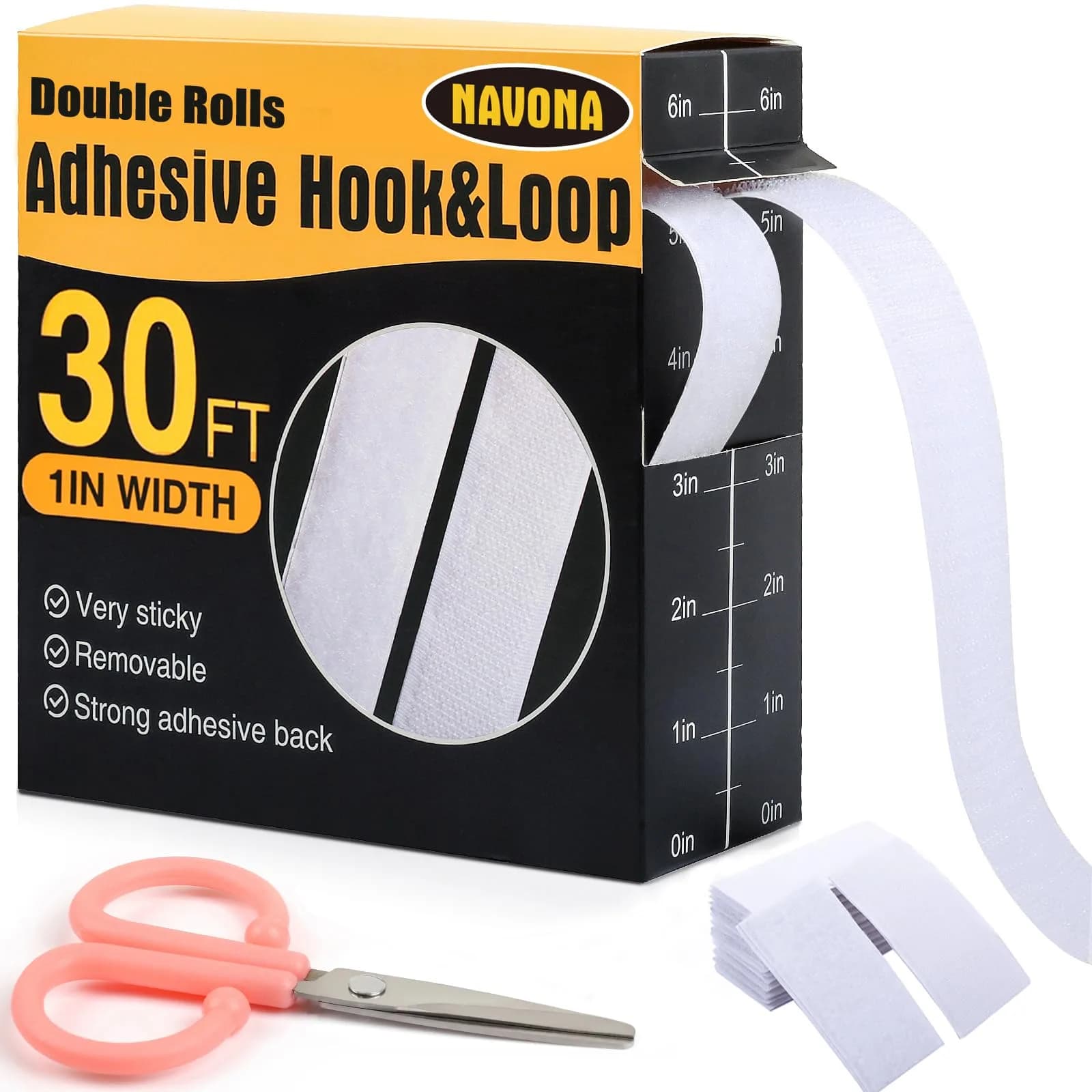 Navona Heavy Duty Hook and Loop Tape Strips with Adhesive, 2.5cm (1 Inch) x 30 Feet Each Roll, White | USA Imported Fastener Rolls - main product image