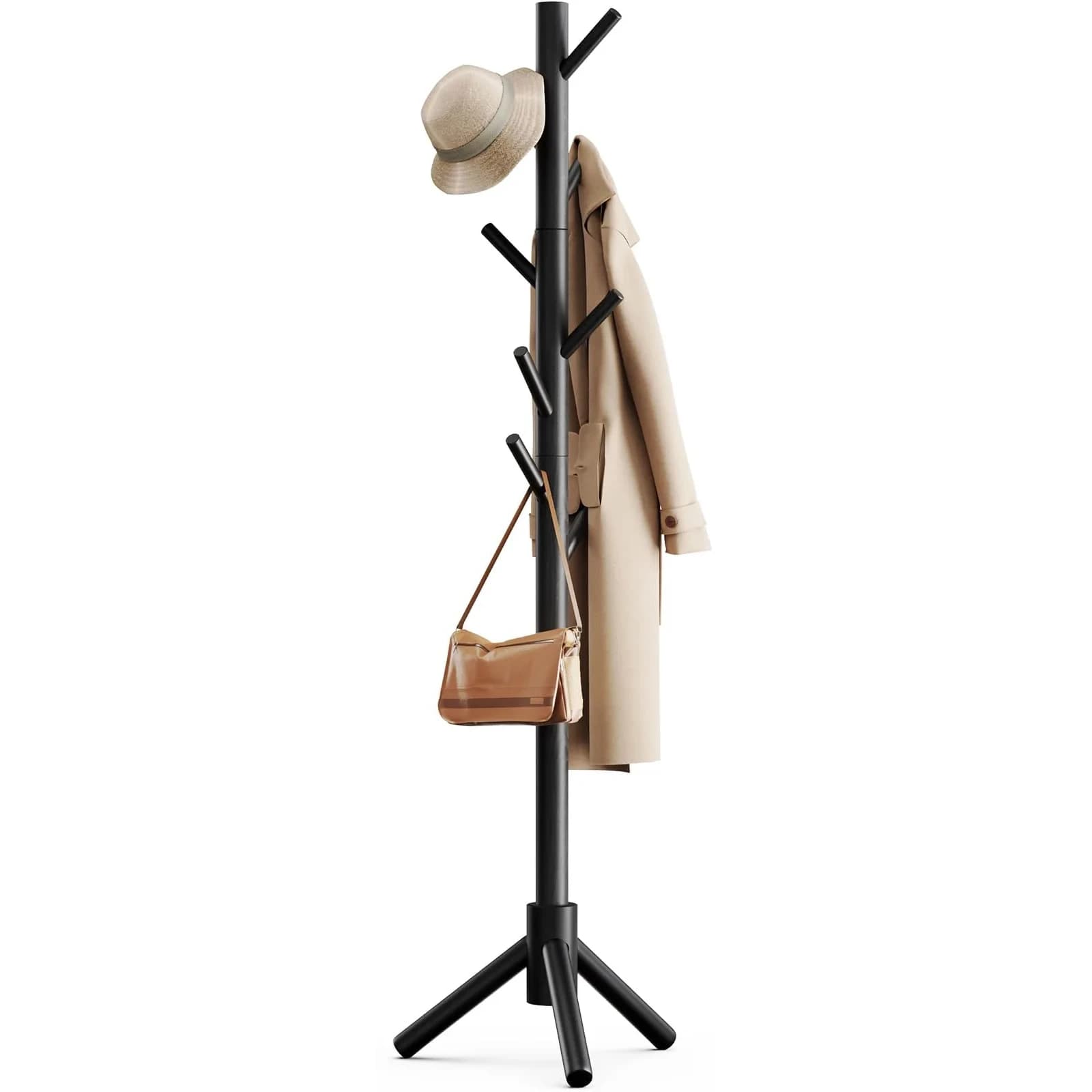 Pipishell Solid Wooden Coat Rack Freestanding with 8 Hooks, Natural | 1.7m (68.9") Height-Adjustable Entryway Stand — Black