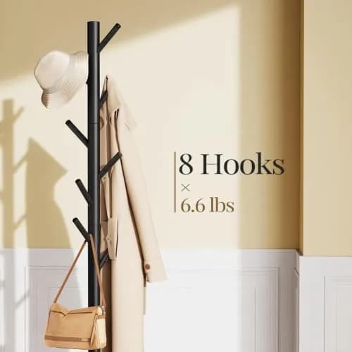 Pipishell Solid Wooden Coat Rack Freestanding with 8 Hooks, Black | Adjustable Height 68.9 inches (175 cm) thumbnail 2