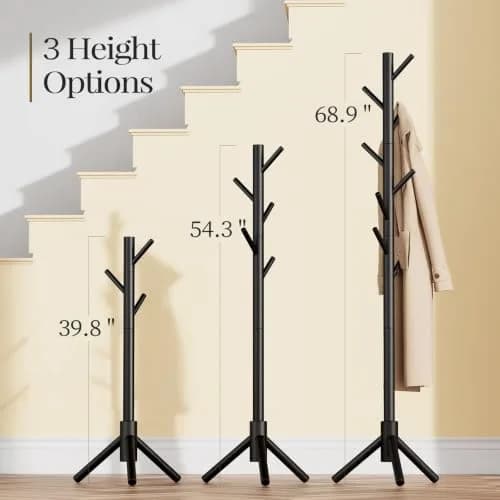 Pipishell Solid Wooden Coat Rack Freestanding with 8 Hooks, Black | Adjustable Height 68.9 inches (175 cm) thumbnail 3