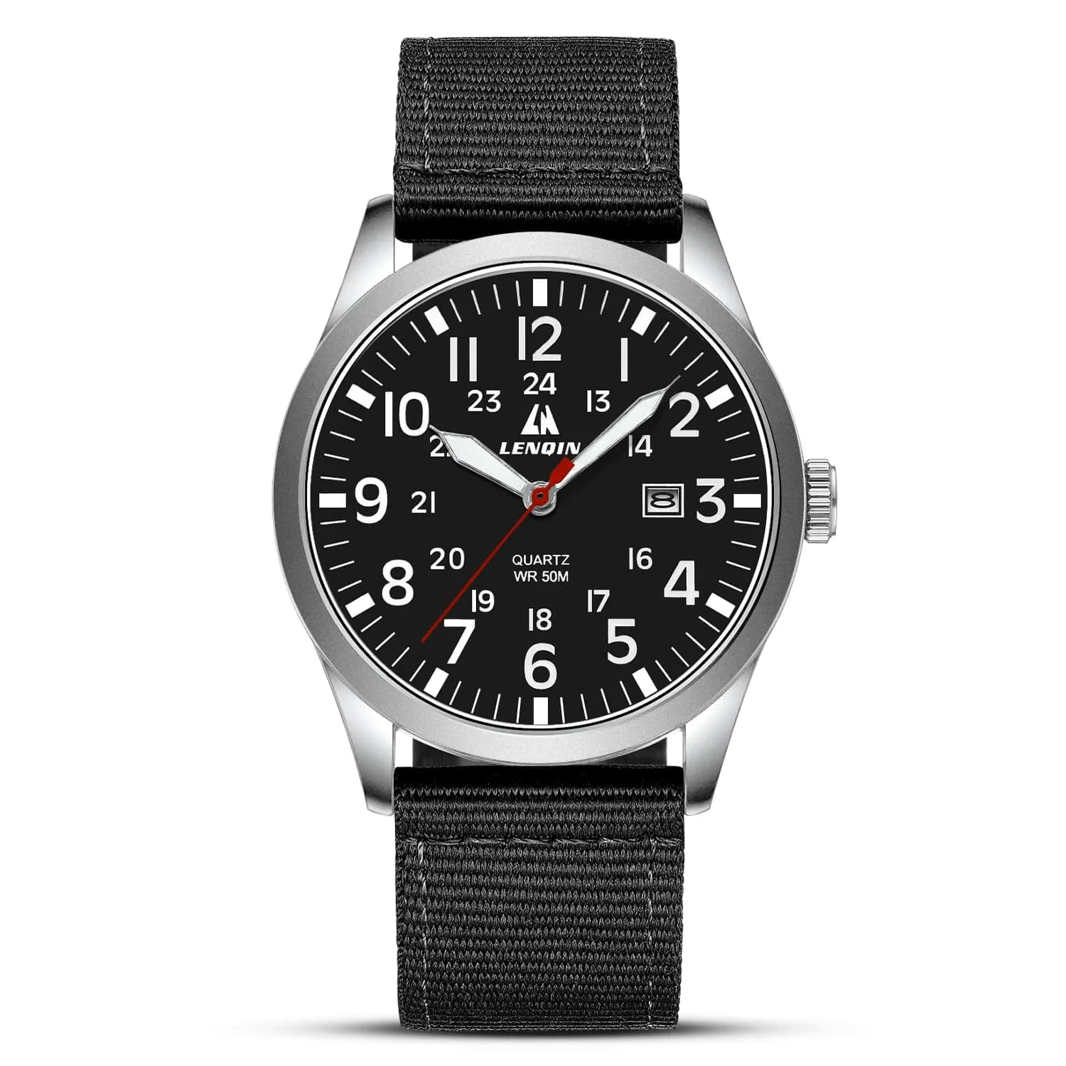 LN LENQIN Men's Military Sport Analog Quartz Watch with Date & Luminous Dial | 42mm Stainless Steel Case, 22mm Nylon Strap