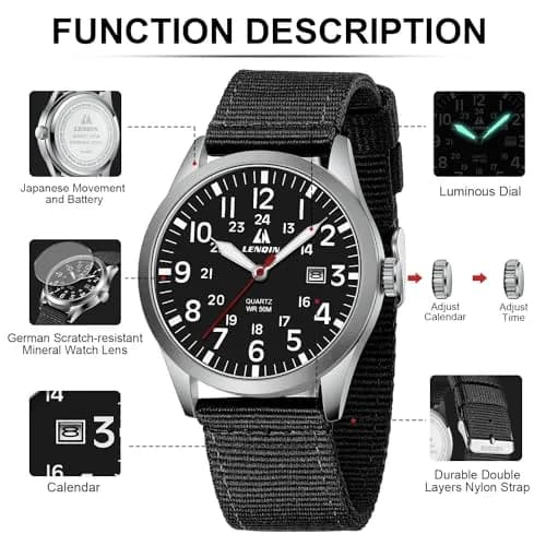 LN LENQIN Men's Military Sport Analog Quartz Watch with Date & Luminous Dial | 42mm Stainless Steel Case, 22mm Nylon Strap thumbnail 4