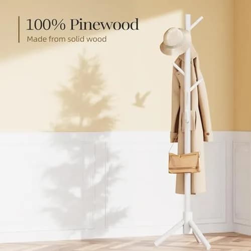 Pipishell White Freestanding Coat Rack with 8 Hooks | Adjustable Height Solid Wood Entryway Organizer thumbnail 4